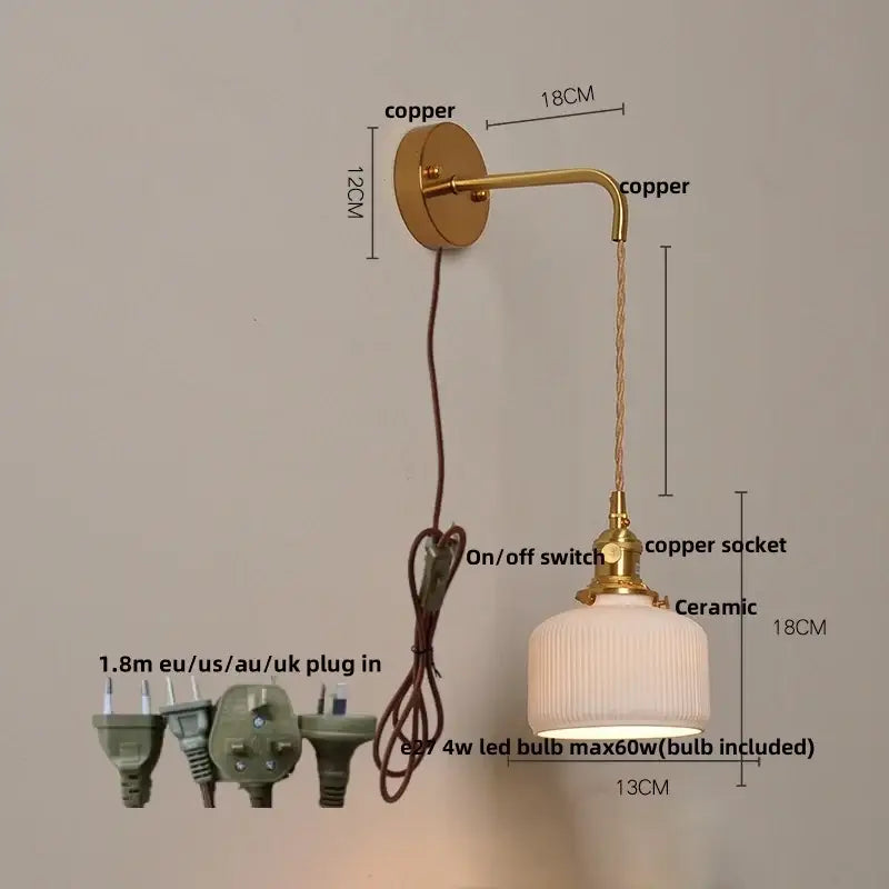 Modern copper and off-white ribbed ceramic wall light fixture with gold-toned copper sconce for bedroom use