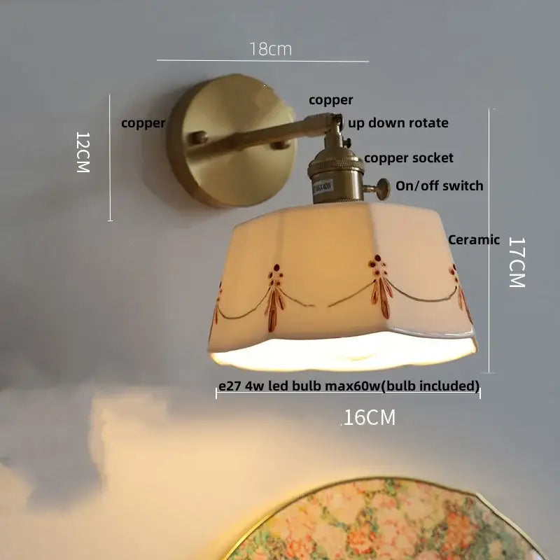Modern copper and off-white ribbed wall light fixture with ceramic shade and delicate brown floral embroidery for bedroom use