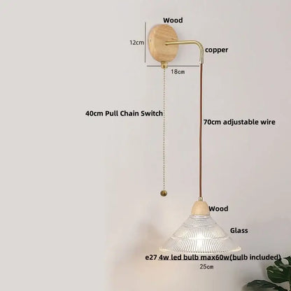 Modern copper and wood wall sconce with clear glass shade, pull chain switch, and adjustable 70cm wire