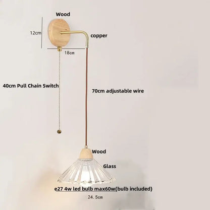 Modern copper and wood wall sconce with clear glass pendant lamp and pull chain switch featuring wooden accents