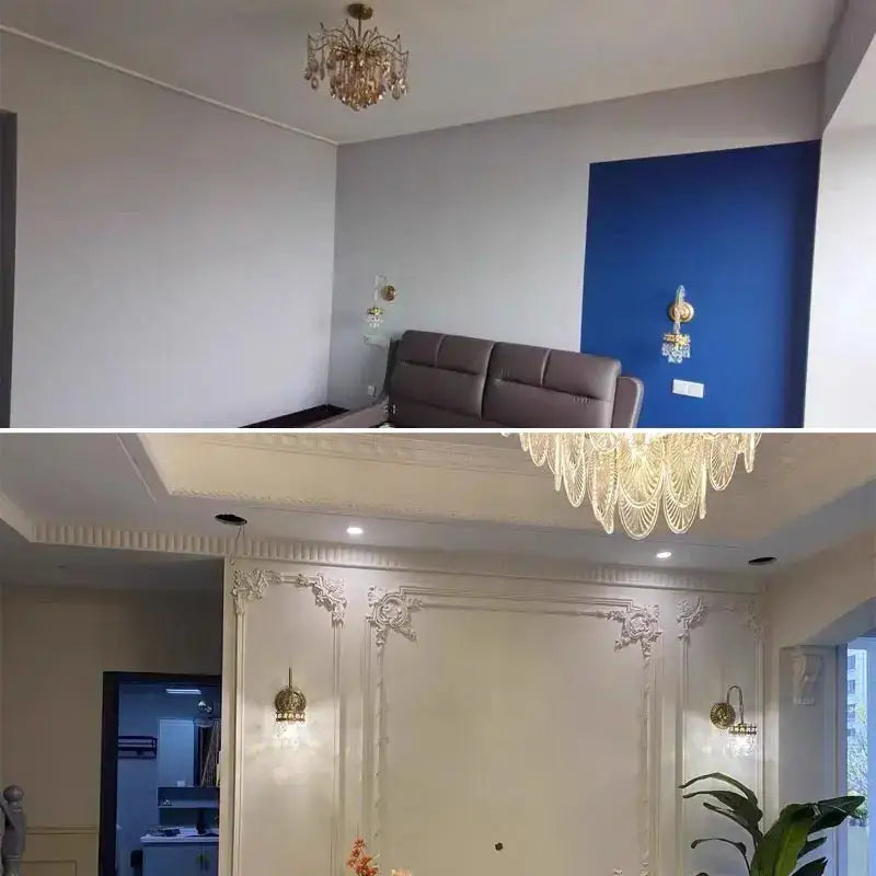 Modern bedroom with brown leather sofa and classical white plaster wall paneling featuring decorbites copper crystal chandelier lighting