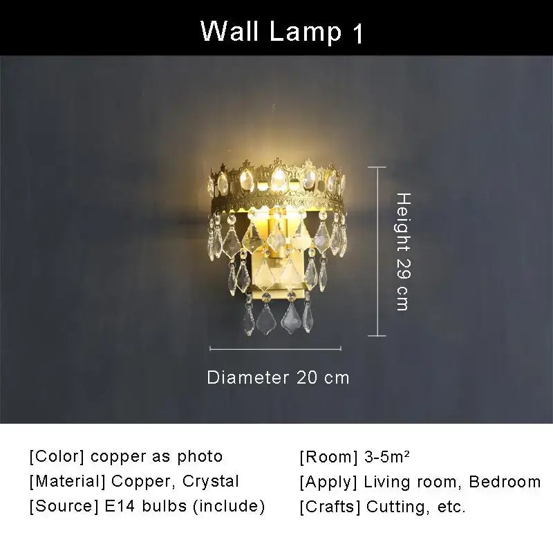 Modern decorbites copper crystal chandelier featuring gold-toned copper wall lamp with dangling crystals and e14 bulb