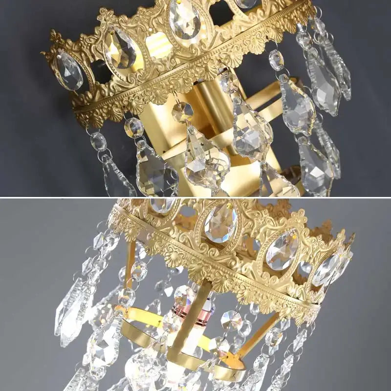 Modern copper crystal chandelier featuring gold-toned crown design with intricate filigree and clear crystal pendants decorbites copper crystal