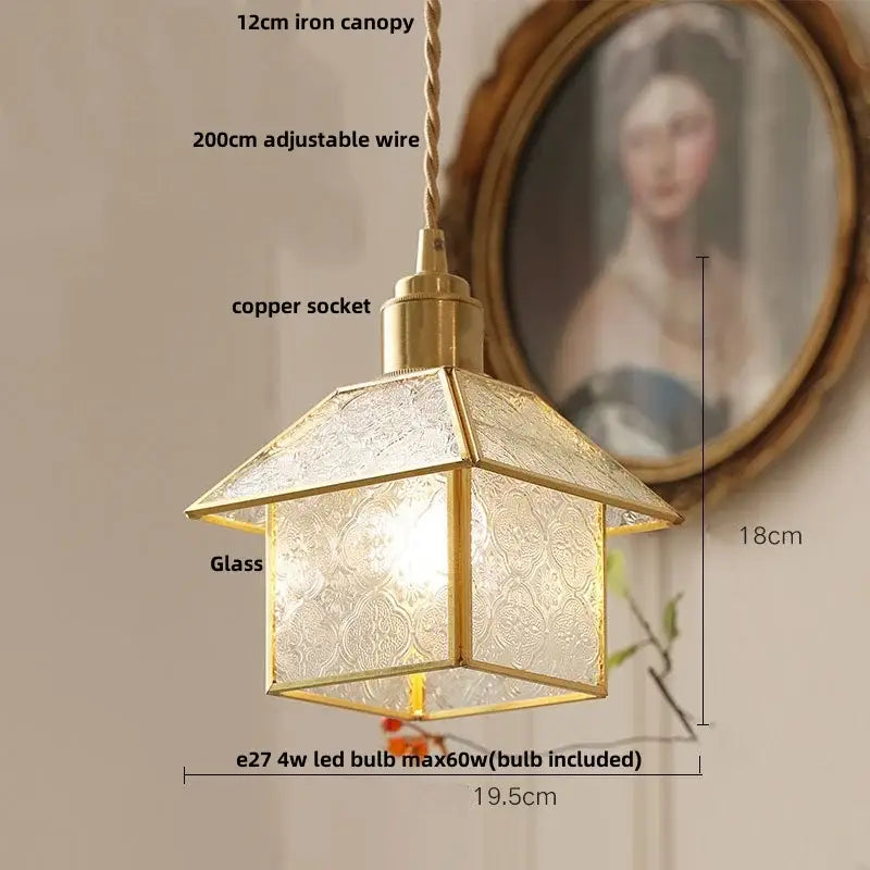 Modern copper cube glass led pendant light with brass frame hexagonal shape and etched glass panels for bedroom decorbites cube glass