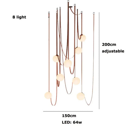 Modern copper decorbites glass ball pendant lamp with eight warm led lights on adjustable metal frame for dining room