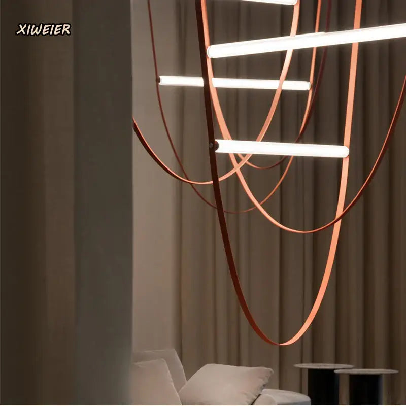 Modern copper decorbites leather belt chandelier with sleek curved leather-wrapped design for dining room lighting