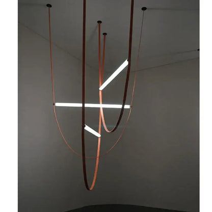 Modern copper decorbites leather belt chandelier with sleek curved bands and integrated led tubes for dining room lighting