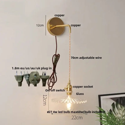 Modern copper etched glass led wall light fixture with adjustable wire vintage style wall lamp for bedroom sconce