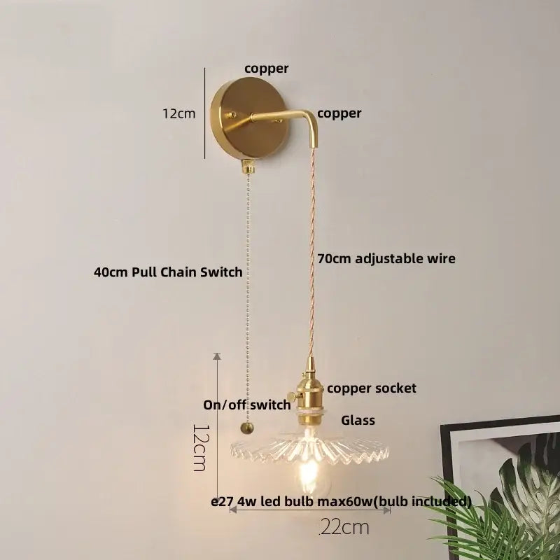Modern copper etched glass led wall light fixture with vintage-style copper wall lamp and 70cm adjustable wire