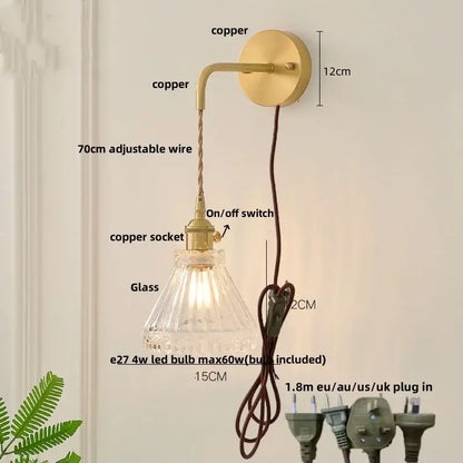 Modern gold-toned copper etched glass led wall light fixture with faceted clear glass shade and 70cm adjustable wire