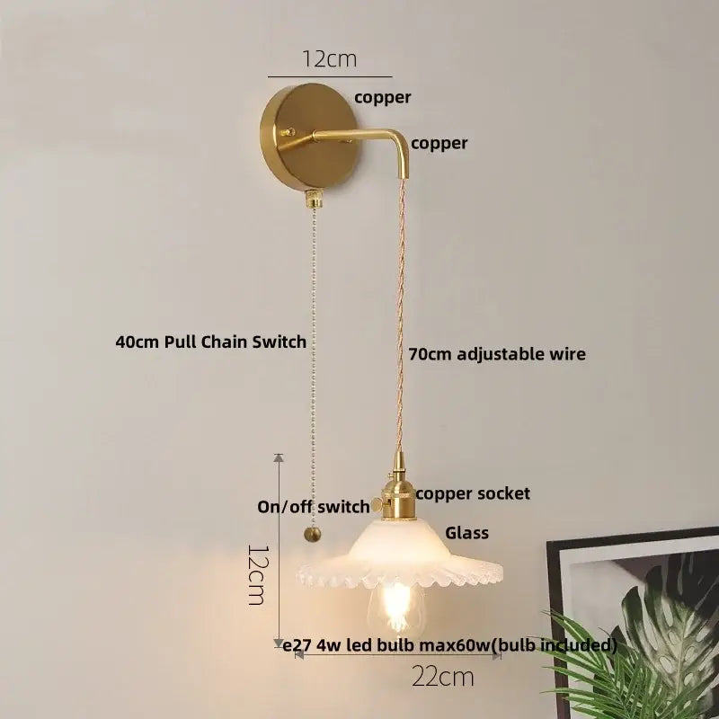 Modern copper etched glass led wall light fixture with adjustable wire suitable as a bedroom wall lamp