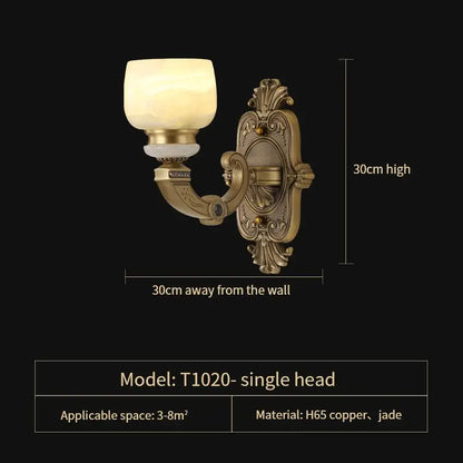 Antique brass-finished wall sconce with ornate scrollwork and frosted glass shade for copper jade chandelier lighting
