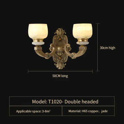 Antique brass double-headed wall sconce with frosted glass shades and jade accents for copper jade chandelier lighting