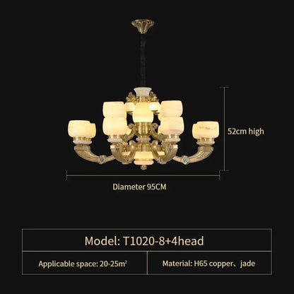 Elegant copper jade chandelier with eight arms and frosted glass measuring 52cm high and 95cm diameter