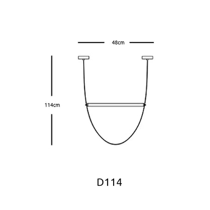 A minimalist black line drawing of a modern copper leather decorbites bell pendant light with dimensions 48cm by 114cm
