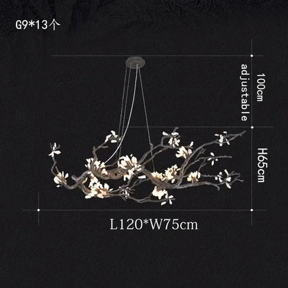 Elegant black and white magnolia branch decorbites copper led chandelier with adjustable height for modern dining room decor