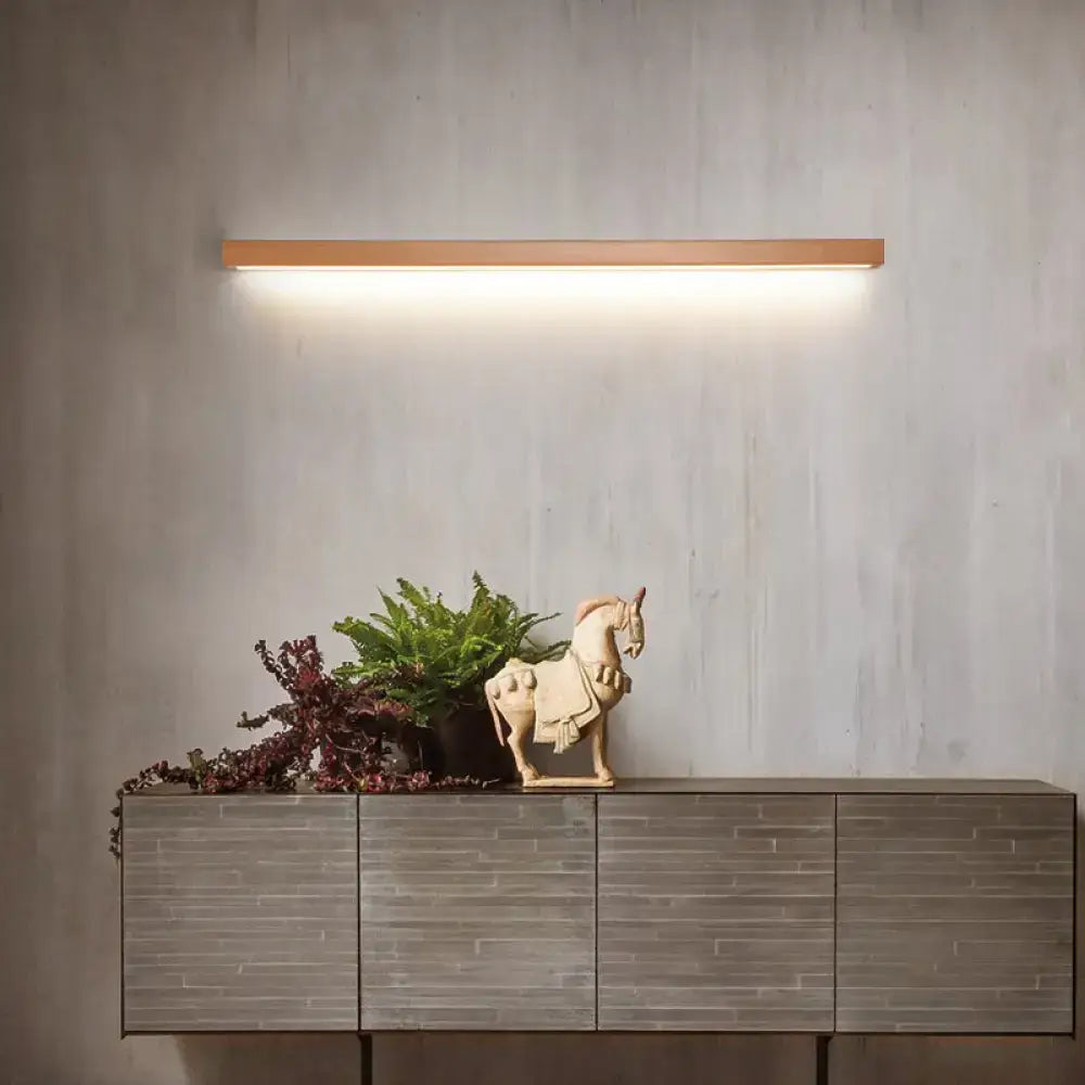 Modern copper linear shaped wooden wall sconce with warm led glow for living room lighting