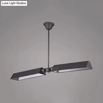 Modern black metal pendant light with two angular rectangular lamp heads for metal triangle island kitchen use