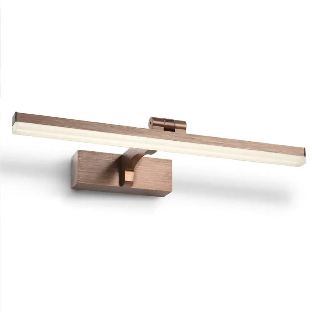 Modern copper wood grain led wall light fixture with sleek rectangular design and visible fixture height for bathroom vanity