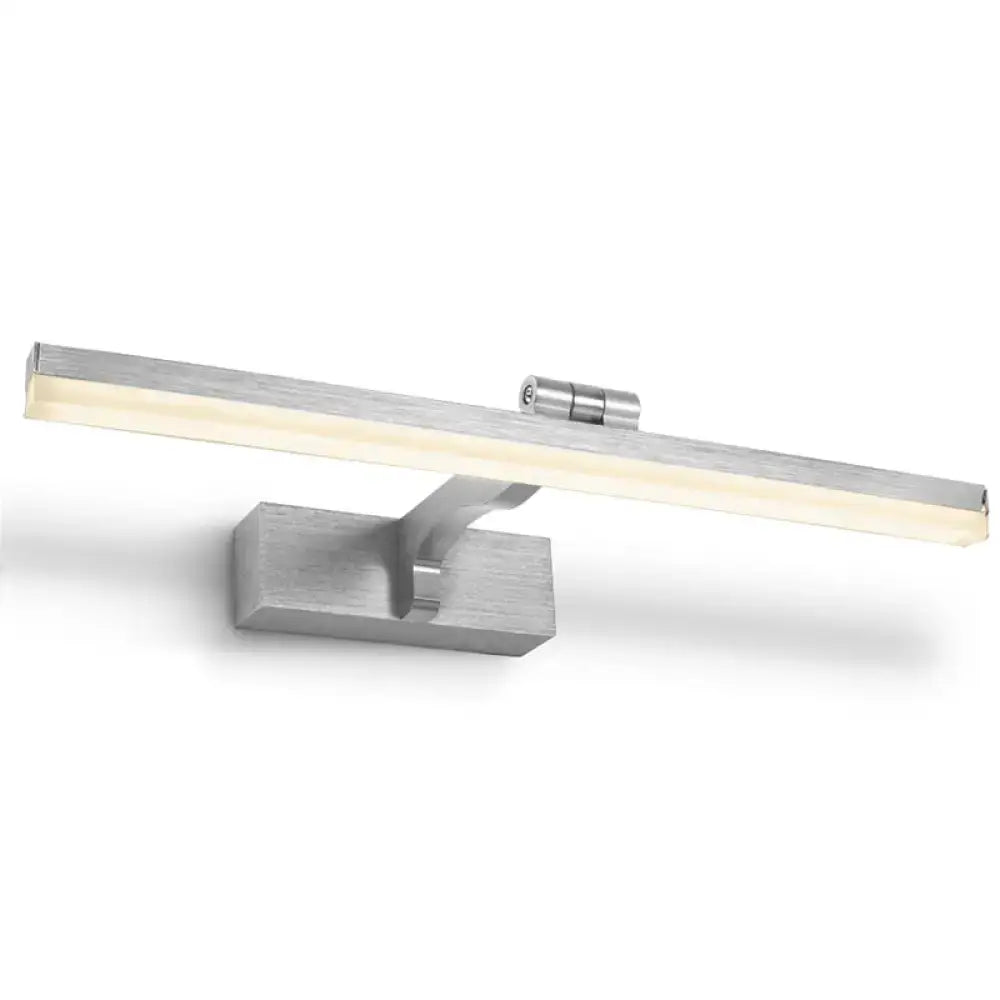 Modern brushed silver led wall light with sleek rectangular design and warm white light, suitable for bathroom vanity fixture height