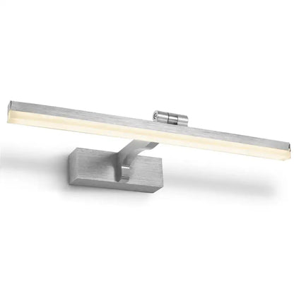 Modern brushed silver led wall light with sleek rectangular design and warm white light, suitable for bathroom vanity fixture height