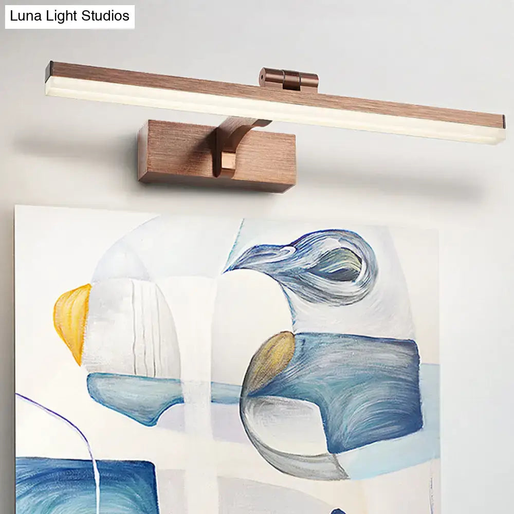 Modern copper wood grain led wall light fixture with brass accents and sleek fixture height for bathroom vanity use