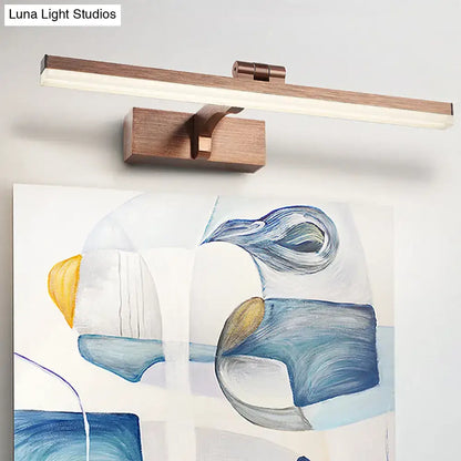 Modern copper wood grain led wall light fixture with brass accents and sleek fixture height for bathroom vanity use