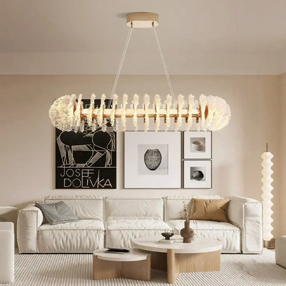 Modern coral flower crystal chandelier with a central wooden bar and frosted glass clusters for dining room decorbites coral flower