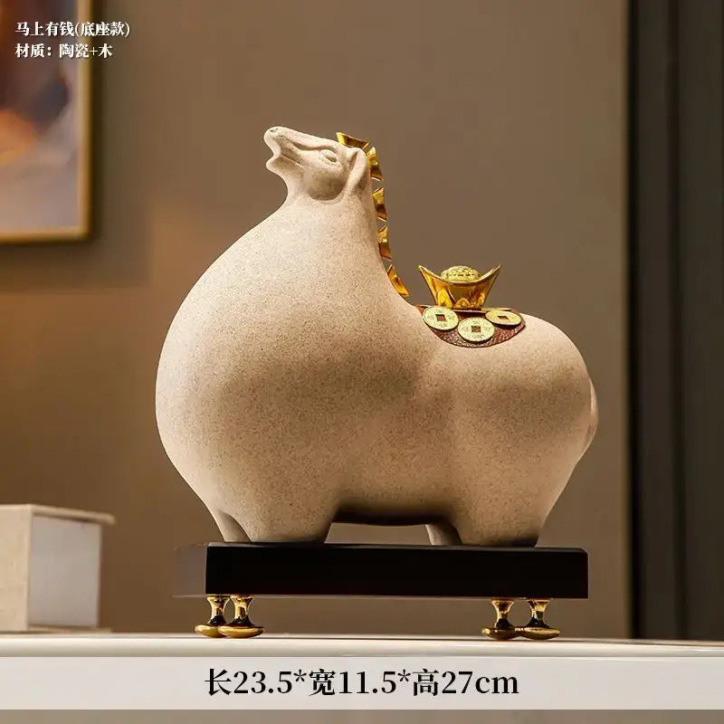 Cream-colored ceramic and wood pig figurine with golden coin accents viewed from back for decorbites horse sculpture decor