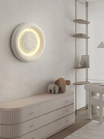 Modern cream breeze moon ceiling lamp featuring an off-white textured surface and warm illuminated inner ring decorbites cream breeze