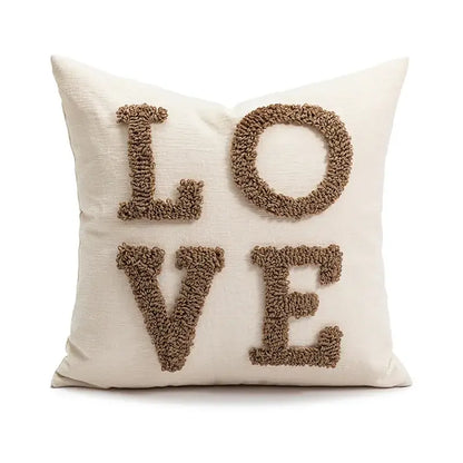 Modern cream brown coffee pillowcase featuring textured brown yarn appliqué spelling love for living room decorbites brown coffee