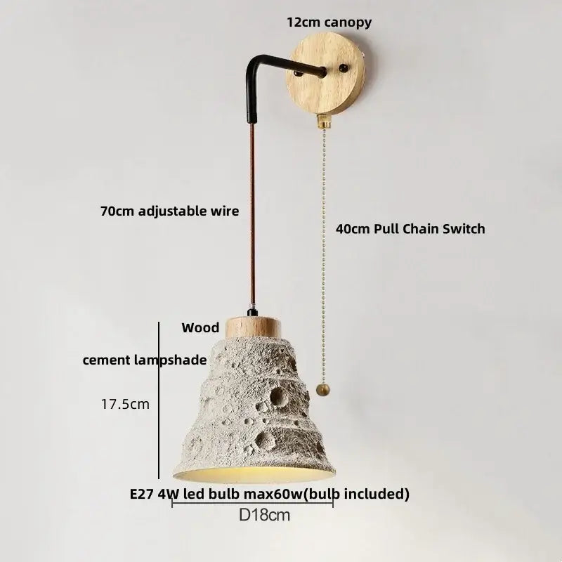 Modern cream ceramic and decorbites cement wood wall light with wooden accents and pull chain switch for bedroom decor