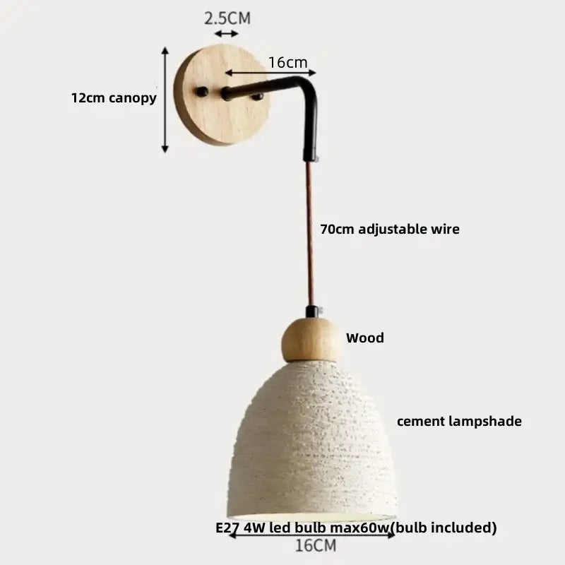 Modern cream ceramic and wood wall light with natural wood canopy and cement wood wall lampshade for bedroom decorbites cement wood