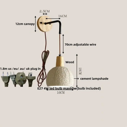 Modern cream ceramic and wood wall light with textured cement shade, wooden canopy, and adjustable black wire for decorbites cement wood wall