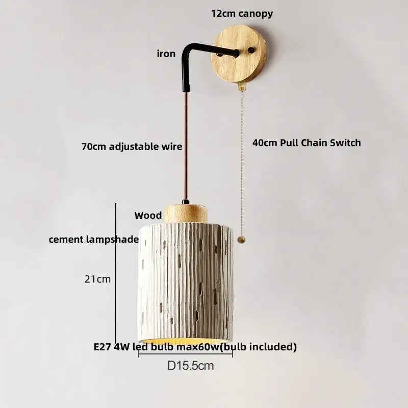 Modern cream ceramic and wood wall light with cylindrical cement lampshade and adjustable iron arm for bedroom decorbites cement wood wall