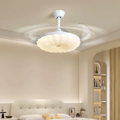 Modern cream cloud ceiling fan light with silver transparent blades and flower-shaped fan light for bedroom use
