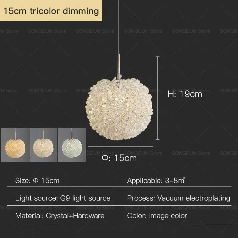 Modern cream crystal round room chandelier pendant light with spherical tricolor dimming crystal decorbites crystal round