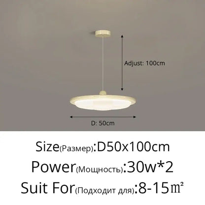 Cream-colored modern geometric led ceiling light with sleek circular design and adjustable hanging length for bedroom lighting