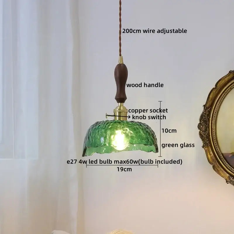 Modern cream glass copper led pendant light featuring a green textured glass pendant light with wooden handle copper socket