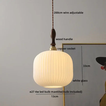 Modern cream glass copper led pendant light with white ribbed shade and adjustable copper wire for dining room lighting