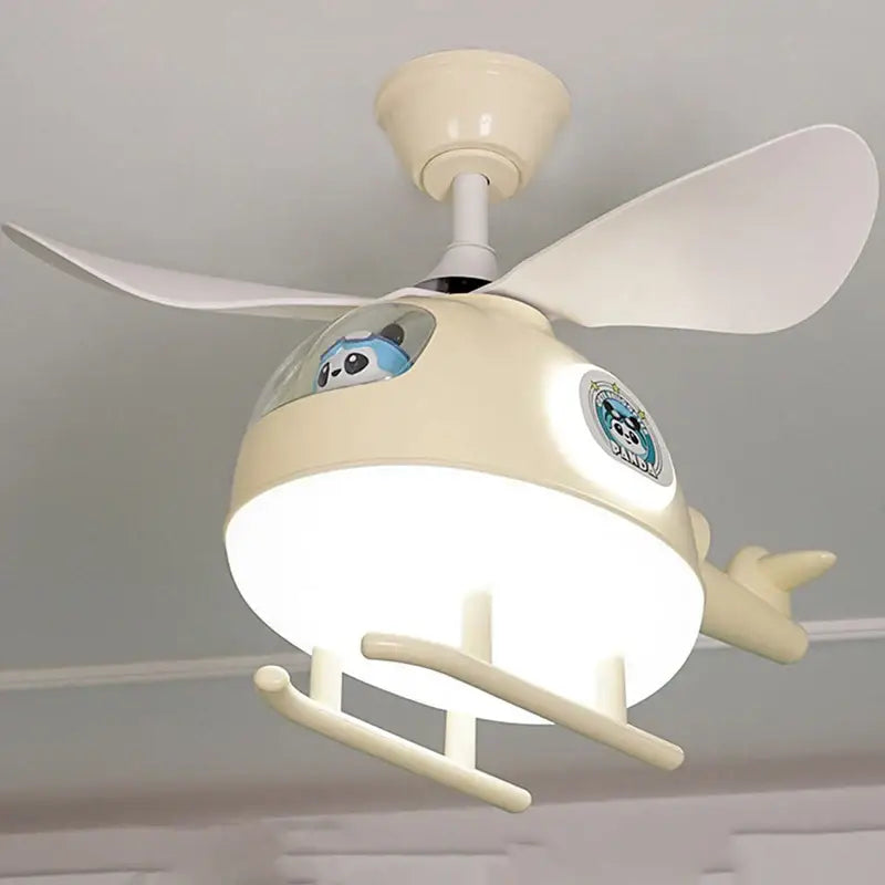 Modern cream helicopter ceiling fan lights with white blades and panda design for kids bedroom fan lights