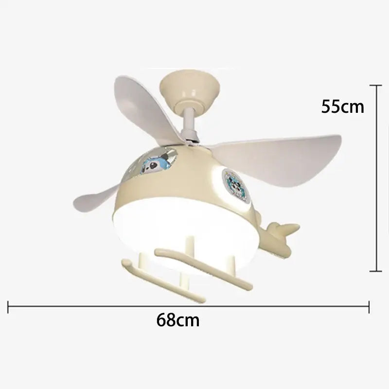 Modern cream helicopter ceiling fan lights with white blades and panda cartoon decals for kids bedroom fan lights