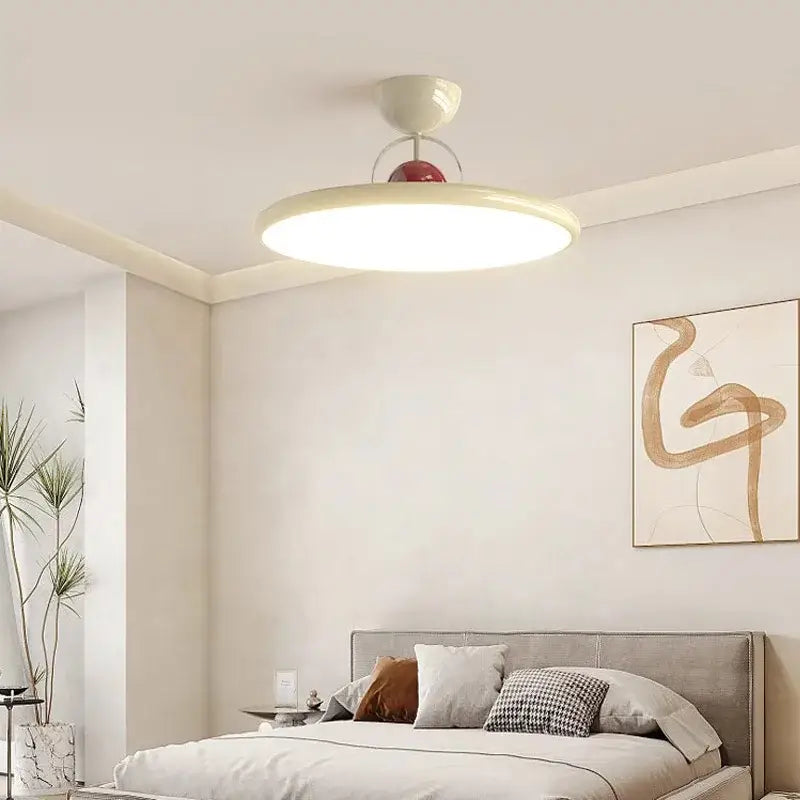 Modern cream iron nordic ceiling light fan with cream blades and red spherical accent for bedroom decorbites cream iron