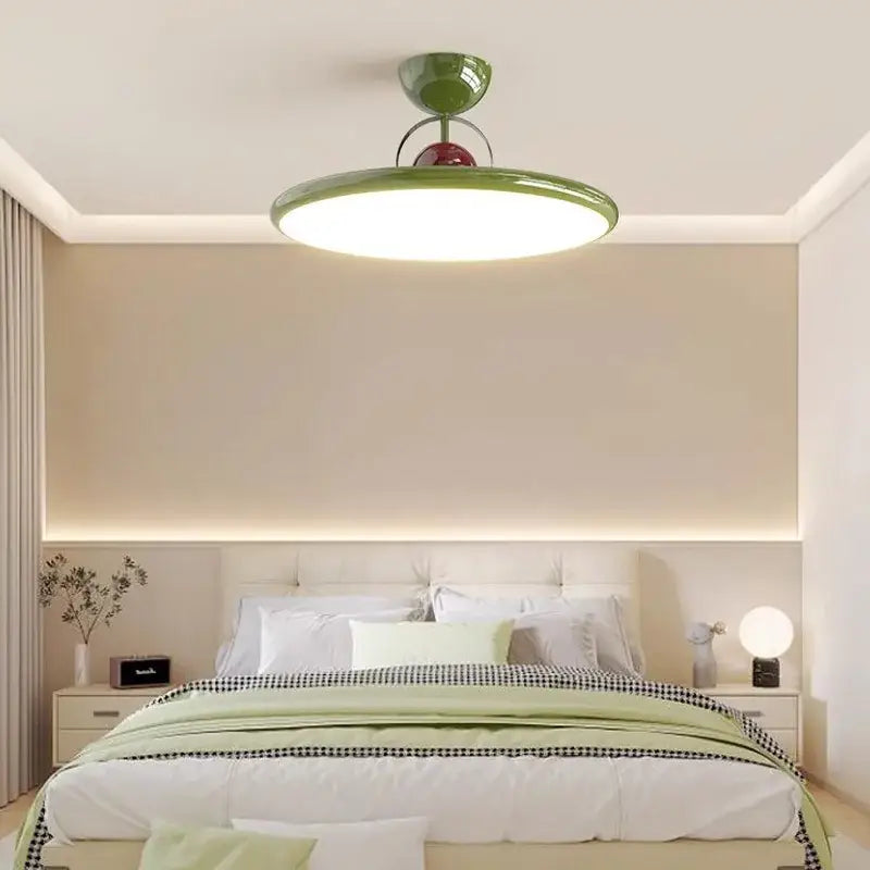 Modern cream iron nordic ceiling light bedroom fan with green blades circular light fixture and red accent decorbites cream iron