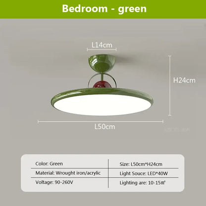 Modern cream iron nordic ceiling light with green oval matte finish, central red accent, wrought iron and acrylic materials