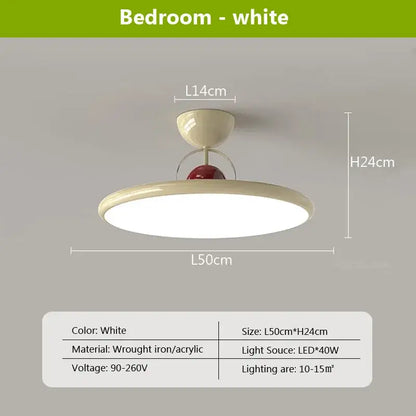 Modern cream iron nordic ceiling light with white led fixture, circular acrylic shade, and red accent sphere by decorbites
