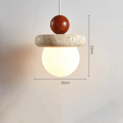 Modern cream stone wood globe pendant light with warm wooden sphere and textured concrete ring for bedroom decorbites cream stone