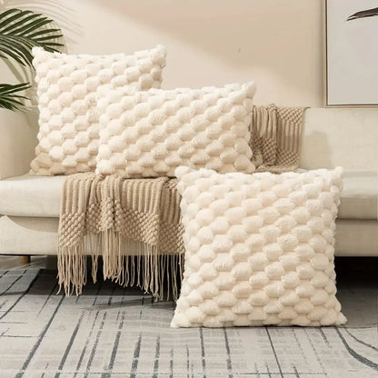 Cream-colored plush decorative pillow cover with textured raised bubble pattern for modern living room decor