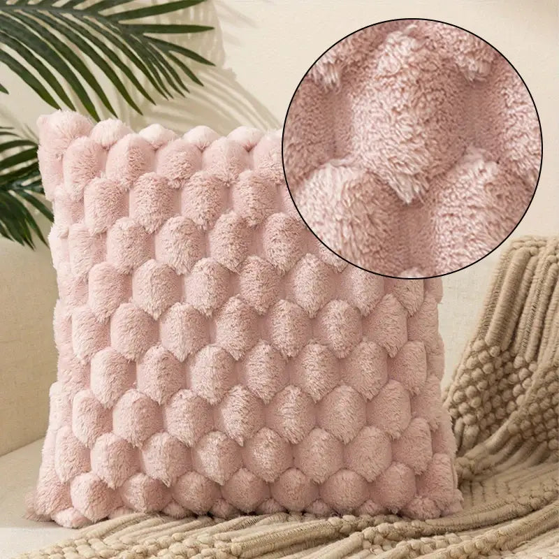 Modern cream decorative pillow covers with pink fluffy pom pom texture for living room pillow decor