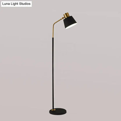 DecorBites small barrel black floor lamp with gold-toned adjustable arm and modern metallic stand for bedroom lighting